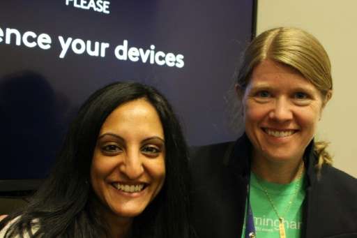 Archeologist Sarah Parcak, pictured with TED Prize director Anna Verghese (L), wants people around the world to become explorers