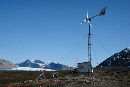 A wind power station near the scientific base of Ny Alesund in Norway's Svalbard archipelago
