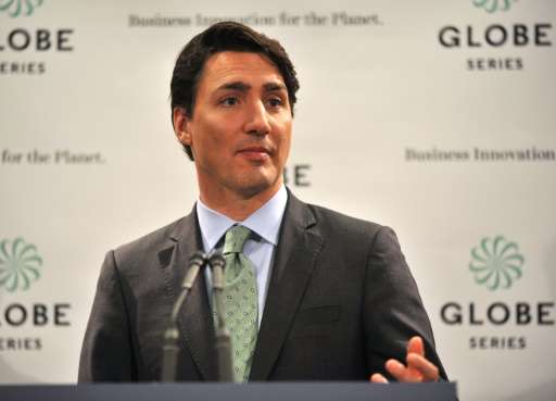 Canadian Prime Minister, Justin Trudeau talks to media at a press conference at the GLOBE 16 Conference in Vancouver, on March 2