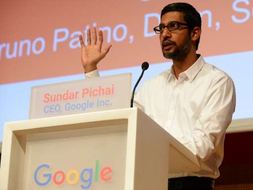 Chief Executive Officer of Google Inc Sundar Pichai addresses a meeting at SciencesPo university in Paris on February 24,2016