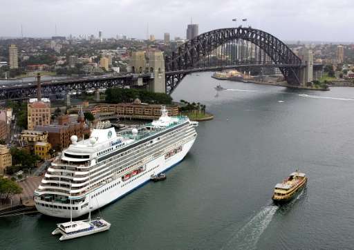 Cruise liner Crystal Serenity sits berthed at Sydney's historic Rocks area