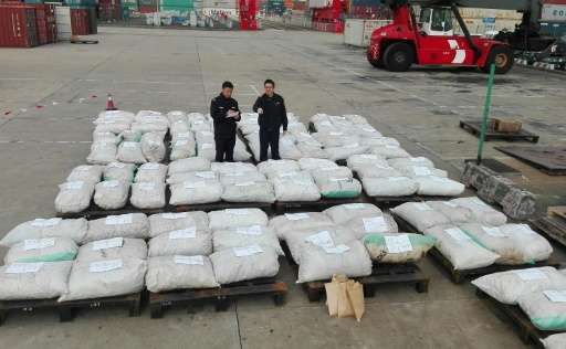 Customs officers stand guard over seized pangolin scales at a port in Shanghai