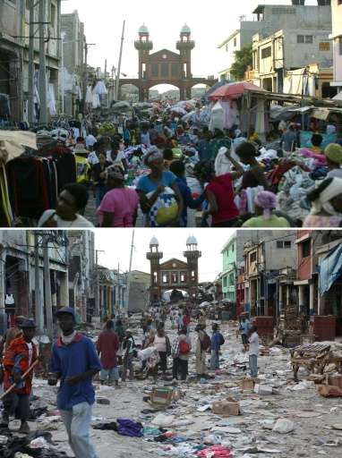Downtown Port-au-Prince pictured on December 29, 2014 (top) and on January 14, 2010 (bottom), two days after it was hit by the e