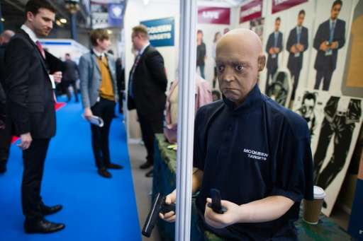 Dummy weapons, figures and targets pictured on the McQueen Targets stand during the Security and Counter Terror Expo at the Olym