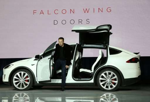 Elon Musk demonstrates the falcon wing doors on the Tesla Model X Crossover SUV on September 29, 2015 in Fremont, California