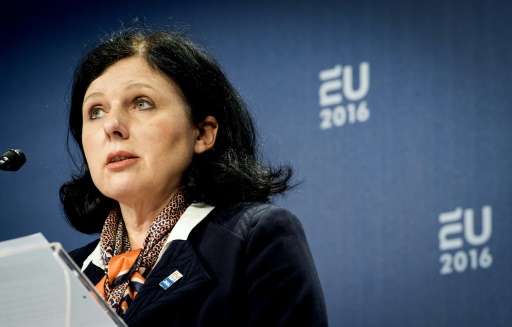 EU Commissioner for Justice Vera Jourova, seen in Amsterdam on January 26, 2016, says talks aimed at a deal that would replace a