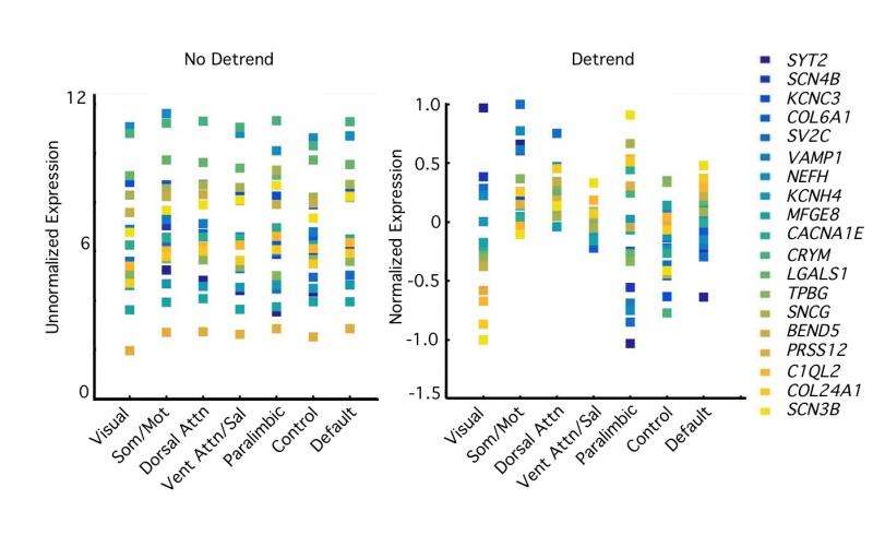 Fig. 4. Relative differences in transcriptional profiles across networks are revealed by detrending expression values