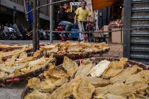 Fish maw drying outside a dried goods store in Hong Kong