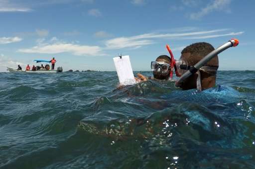 Former fishermen turned marine ecosystem rangers take notes on a pad after snorkelling to observe the health of the coral reef i