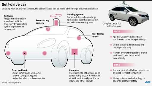 Graphic showing the sensors and features needed for self-driving cars