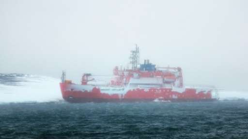 Icebreaker Aurora Australis, seen after it ran aground at Australia's Mawson research station in Antarctica, on February 26, 201