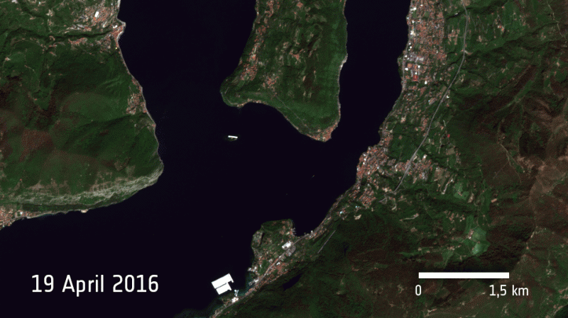 Image: ‘Floating Piers’ on Lake Iseo from the Sentinel-2A satellite