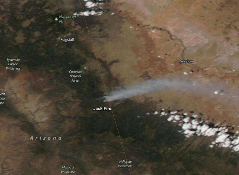 Image: NASA satellite sees smoke streaming from Arizona's jack fire