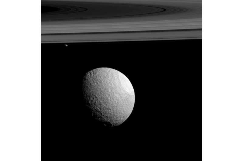Image: Tethys and Janus captured against Saturn's rings