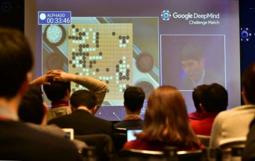 Journalists watch live footage of the third game of the Google DeepMind Challenge Match between Lee Se-Dol and the AlphaGo super