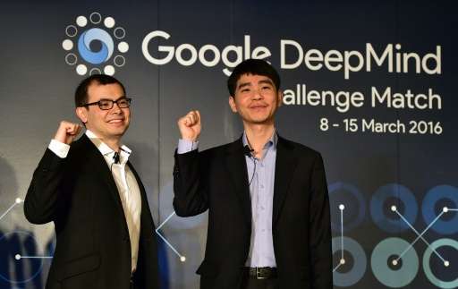Lee Se-Dol (R), a legendary South Korean player of Go poses with Google Deepmind head Demis Hassabis during a press conference a