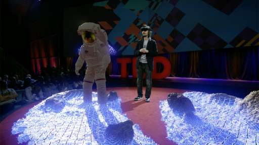 Microsoft inventor Alex Kipman  demonstrates a HoloLens device at TED2016-Dream at the Convention Center in Vancouver