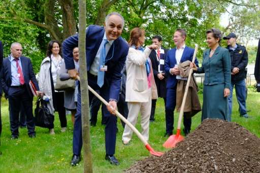 Moroccan Foreign Minister Salaheddine Mezouar (L) holds a shovel as he plants a tree next to French Environment minister Segolen