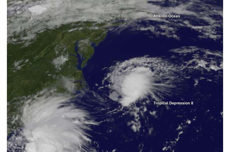 NASA gets 2 views of Tropical Depression 8 off the Carolina coast