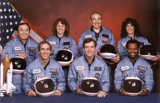 NASA picture shows the crew of the doomed US space shuttle Challenger. (Front from L) Mike Smith, Dick Scobee, Ron McNair, (Back