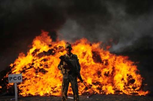 Pakistani police burn seized illegal drugs on the outskirts of Karachi on October 15, 2015