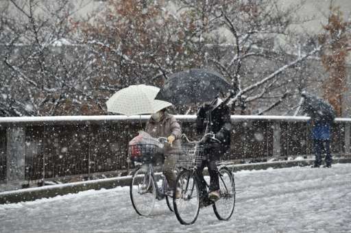 People cycle through a snow shower in Tokyo on November 24, 2016