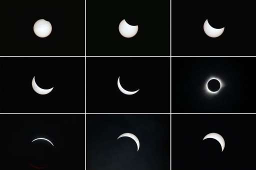 Photo combos show the moon passing in front of the sun (top L to bottom R) during a total solar eclipse in the city of Ternate, 