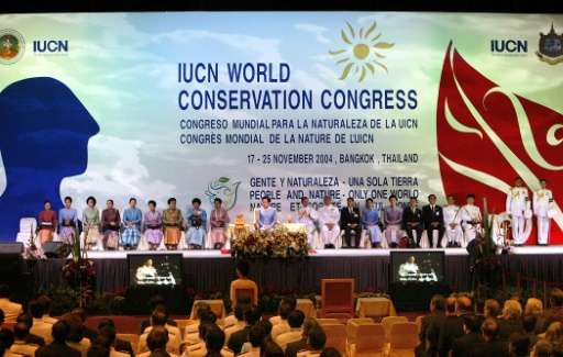 Queen Sirikit of Thailand (C-in blue) presides over the opening session of the third IUCN World Conservation Congress at the Que