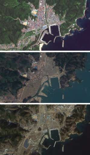 Satellite images from Google's &quot;East Japan Earthquake digital archive project&quot; show the Japanese city of Miyako in Jul