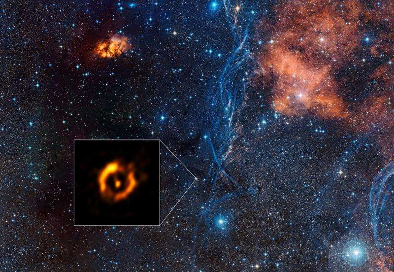 Sharpest view ever of dusty disc around aging star