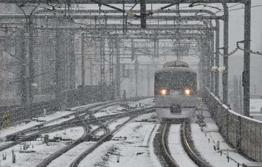 Snow falls over a railway in Tokyo on November 24, 2016