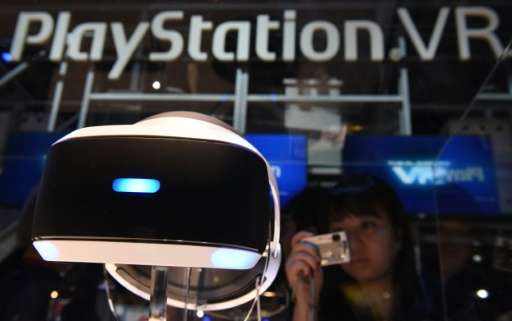 Sony's virtual reality head gear for PlayStation VR on display during the Tokyo Game Show on September 17, 2015