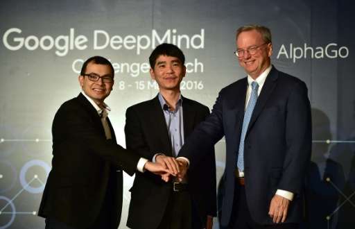 South Korean Go grandmaster Lee Se-Dol (C) with Google Deepmind head Demis Hassabis (L) and Eric Schmidt (R), the executive chai