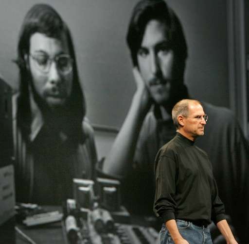 Steve Jobs speaks in front of an old photo of Steve Wozniak (L) and himself when they first started Apple on January 9, 2007