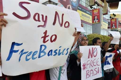 Supporters of Free Software Movement Karnataka protest against Facebook's Free Basics initiative, in Bangalore on January 2, 201