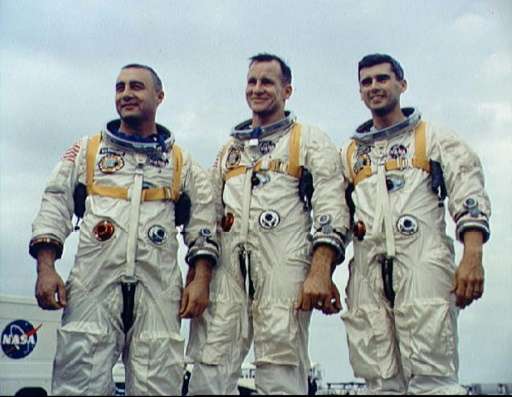 The crew of Apollo 1 at the Kennedy Space Center, (from L) Virgil Grissom, Edward White, and Roger Chaffee