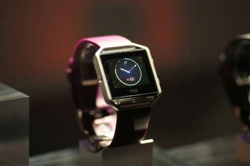 The FitBit Blaze is seen at a press conference  on January 5, 2016 in Las Vegas, Nevada