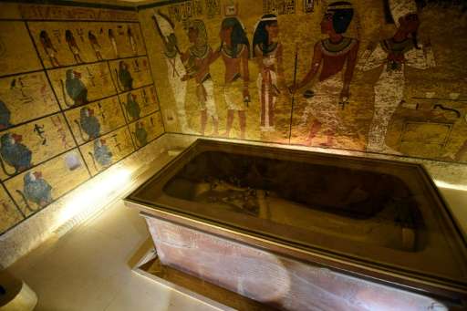 The golden sarcophagus of King Tutankhamun displayed in his burial chamber in the Valley of the Kings, close to Luxor