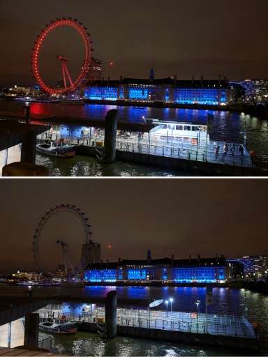 The London Eye before and after the lights were turned off for the Earth Hour campaign on March 19, 2016