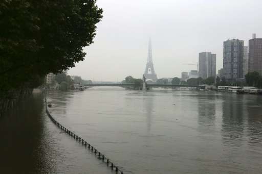 The river Seine near the Eiffel tower after its banks became flooded following heavy rainfalls on June 6, 2016