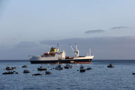 The RMS St Helena anchored in the bay of the South Atlantic island of Saint Helena