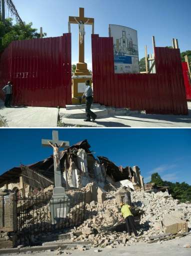 The Sacre Coeur Church in Port-au-Prince, on December 29, 2014 (top) and the church on January 14, 2010, two days after it was d