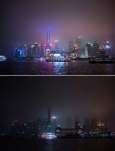 The Shanghai skyline pictured before and after the lights were switched off for the Earth Hour campaign on March 19, 2016