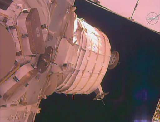 The unexpanded Bigelow Expandable Activity Module seen attached to the Tranquility module of the International Space Station on 