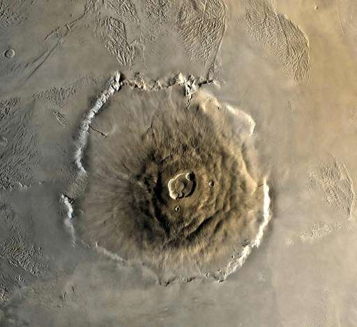 This 1978 NASA image shows a color mosaic of the Olympus Mons volcano on Mars as captured by the Viking 1 Orbiter
