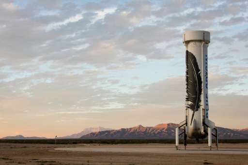 This image obtained November 24, 2015 from Blue Origin, shows the world's first reusable rocket after a successful landing at a 