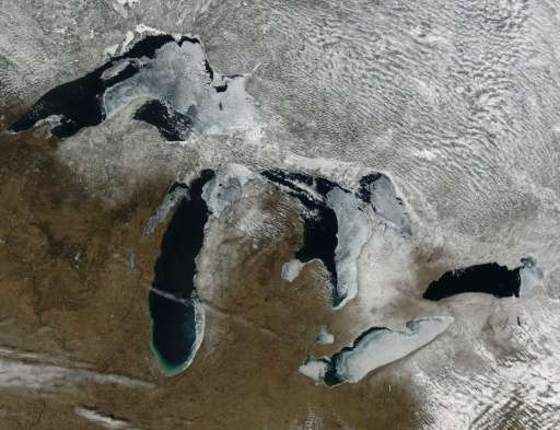 This March 17, 2015 NASA satellite image shows ice on the Great Lakes bordering the US and Canada