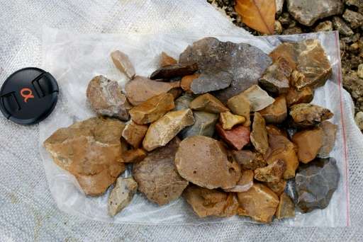 This picture received on January 13, 2016 from the journal &quot;Nature&quot; shows stone artefacts that were found lying scatte