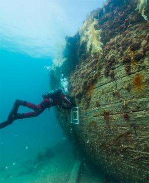 Underwater archaeologists explore the wreck of the Erebus