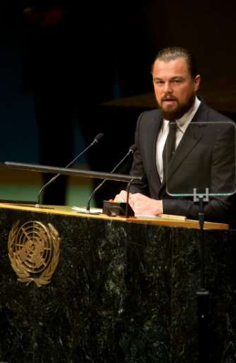US actor Leonardo DiCaprio delivers a speech during the opening session of the 69th United Nations General Assembly on September